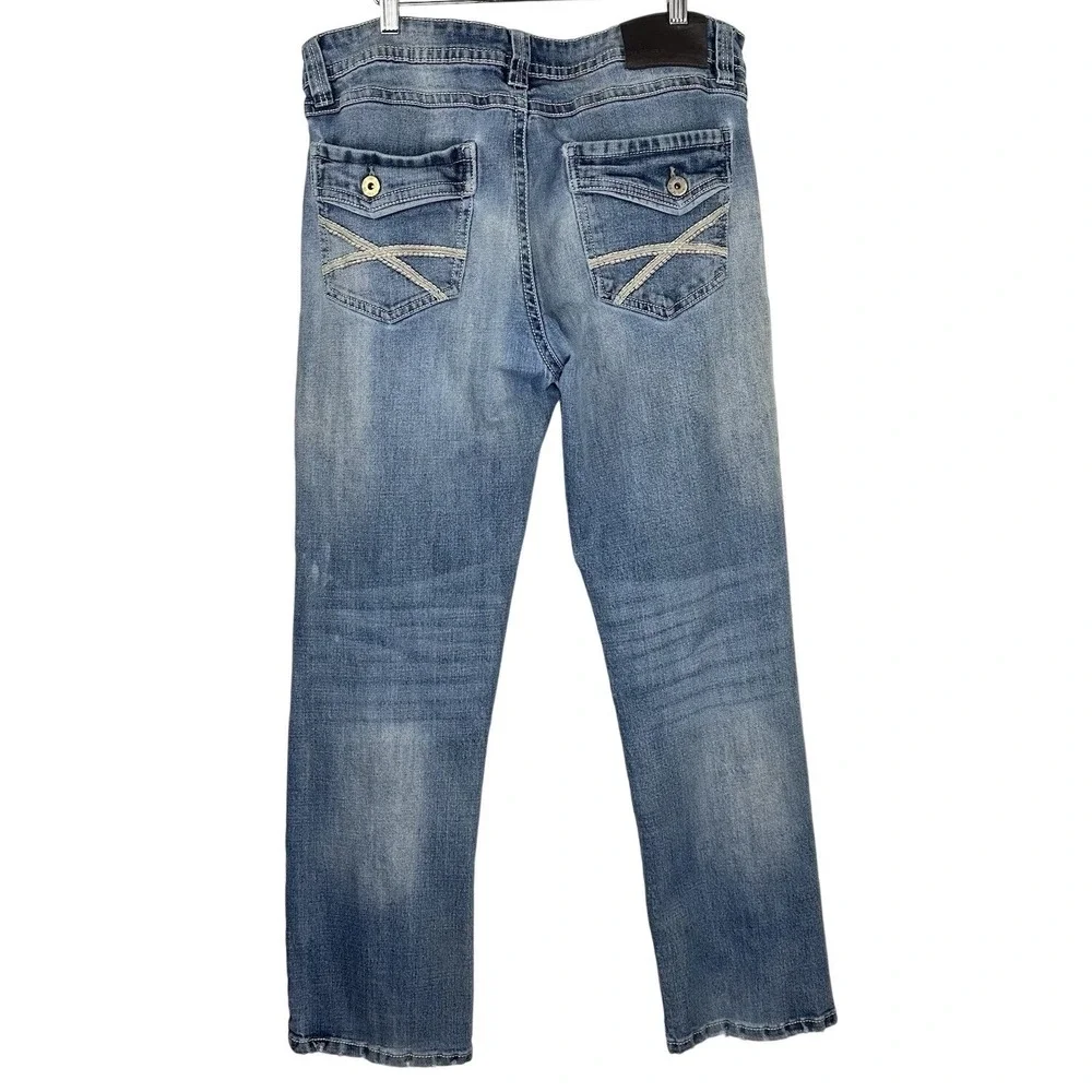 TK Axel Straight Leg Jeans Harbor Blue Embroidered Pockets Distressed Mens 34x32